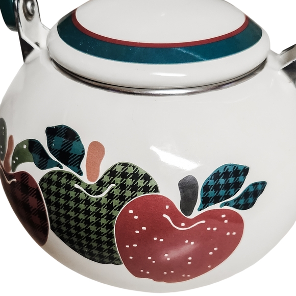 Vintage Apple Design White Teapot with Green Handle Farmhouse Cottagecore - Picture 3 of 7